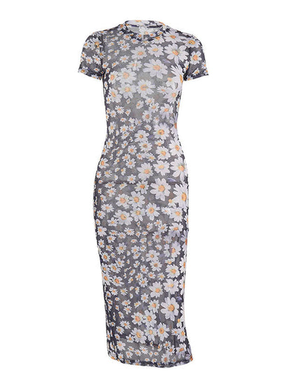 Mesh Slim Maxi Dress With Daisy Print