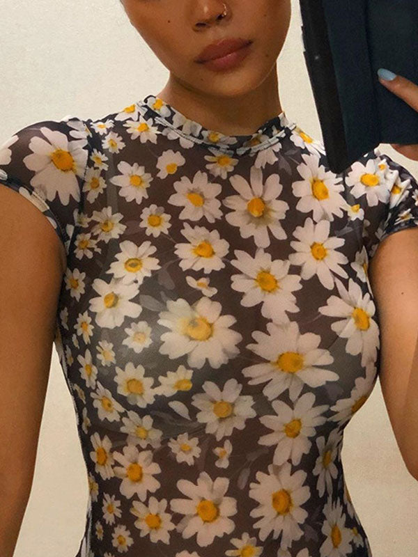 Mesh Slim Maxi Dress With Daisy Print