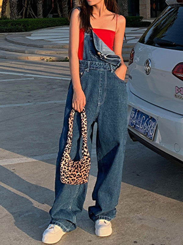 Blue Washed Effect Boyfriend Denim Overalls