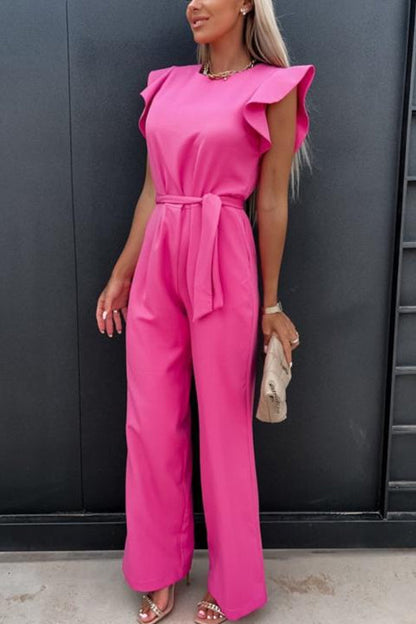 Crewneck Ruffle Short Sleeve Tie Waist Jumpsuit