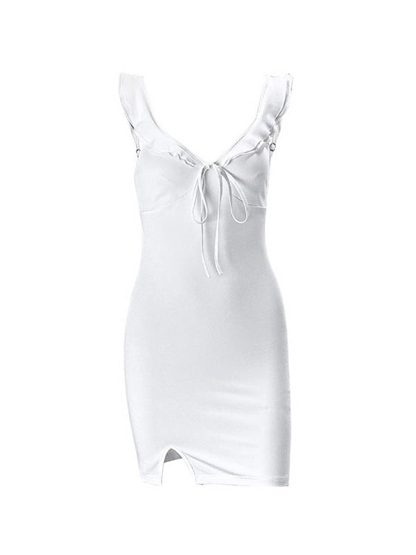 White Split V Neck Mini Dress