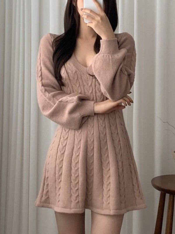 Color Sweet V Neck Cable Knit Long Sleeve Mini Dress