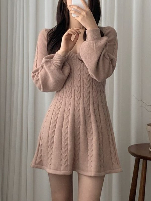 Color Sweet V Neck Cable Knit Long Sleeve Mini Dress