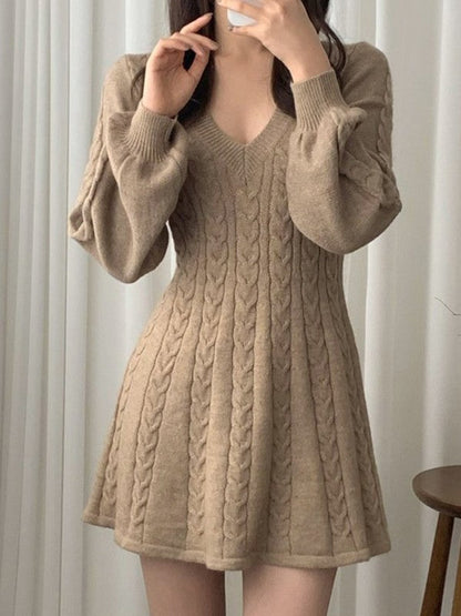 Color Sweet V Neck Cable Knit Long Sleeve Mini Dress