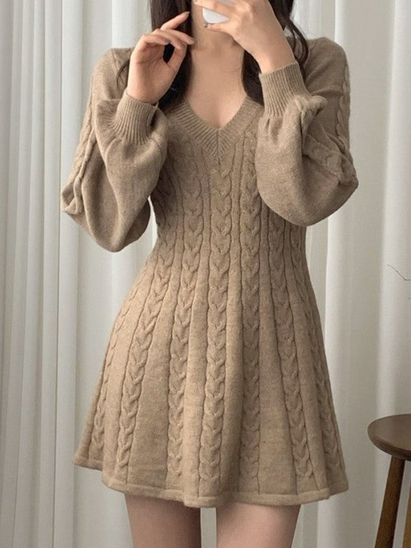 Color Sweet V Neck Cable Knit Long Sleeve Mini Dress