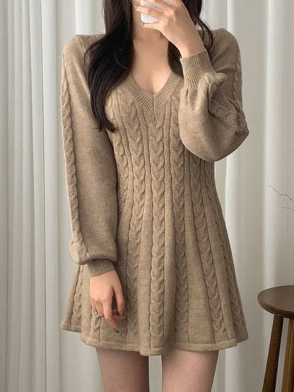 Color Sweet V Neck Cable Knit Long Sleeve Mini Dress
