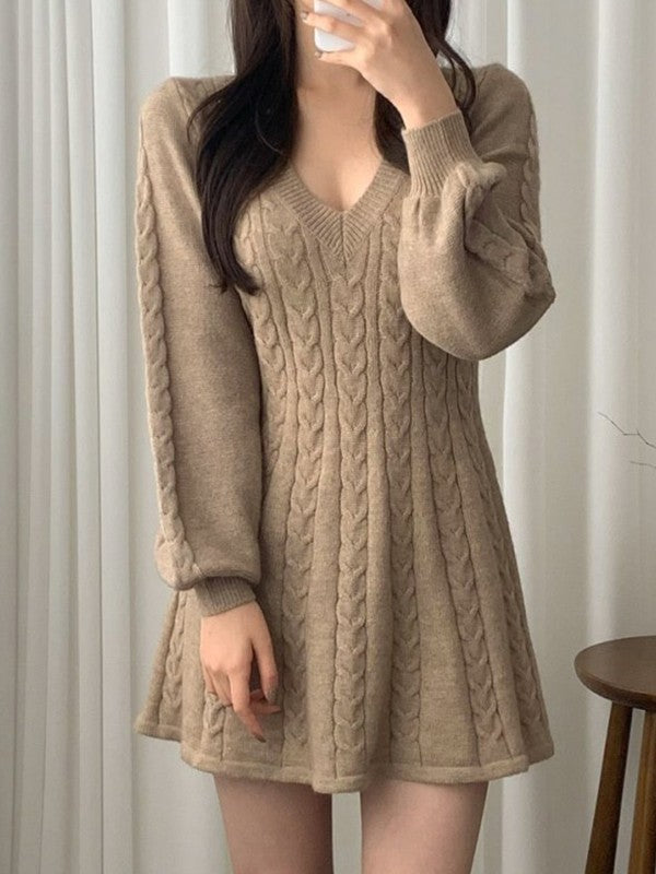 Color Sweet V Neck Cable Knit Long Sleeve Mini Dress
