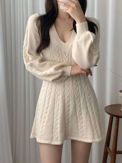 Color Sweet V Neck Cable Knit Long Sleeve Mini Dress