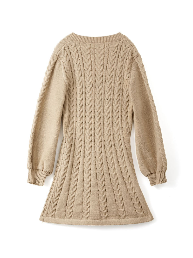 Color Sweet V Neck Cable Knit Long Sleeve Mini Dress