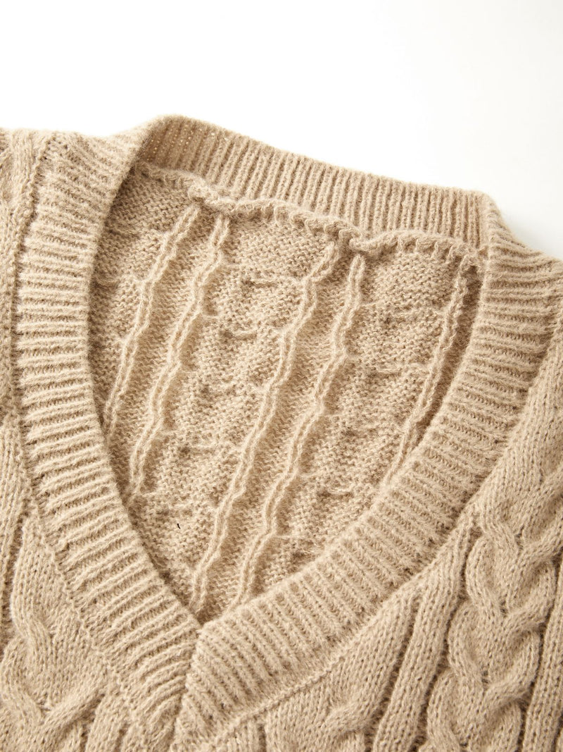 Color Sweet V Neck Cable Knit Long Sleeve Mini Dress