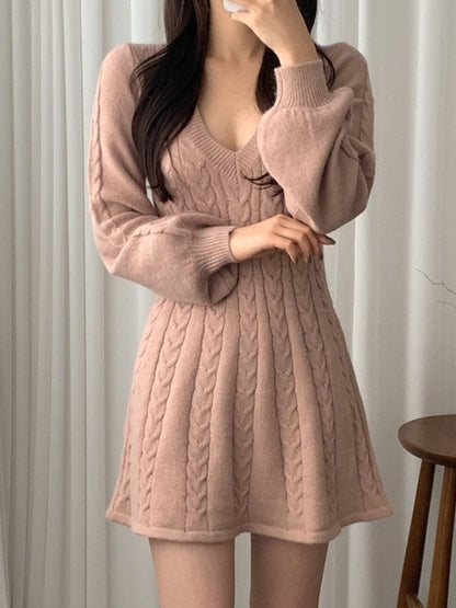 Color Sweet V Neck Cable Knit Long Sleeve Mini Dress
