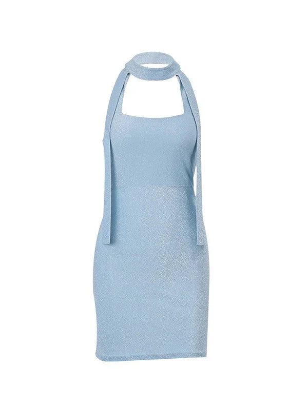 Blue Y2k Metallic Halter Bodycon Mini Dress