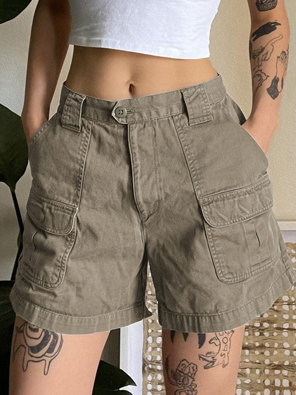 Grey Denim Cargo Shorts With Straight Leg