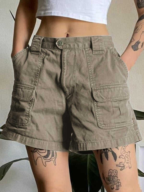 Grey Denim Cargo Shorts With Straight Leg