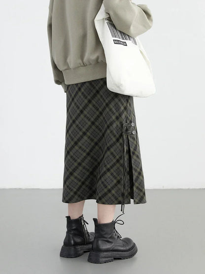 Long Sweet Cool Style High Waist Slit Plaid Tube Skirt