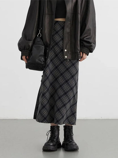 Long Sweet Cool Style High Waist Slit Plaid Tube Skirt