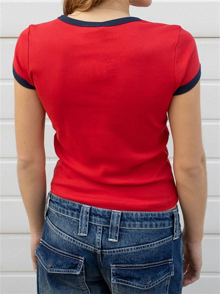 Color Patchwork Summer Oneck Basic T-shirts