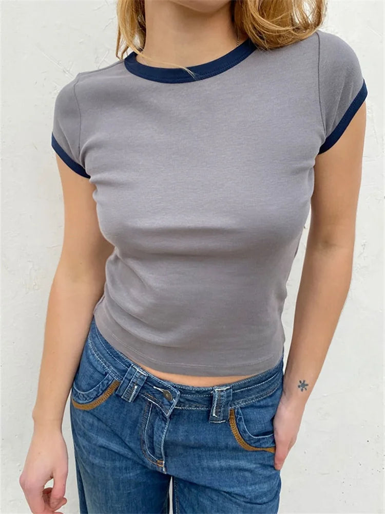 Color Patchwork Summer Oneck Basic T-shirts