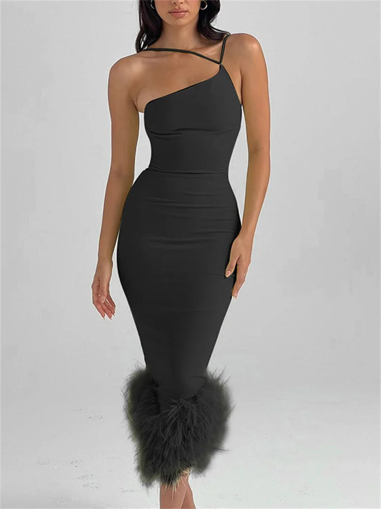 Feather Hem Sleeveless Party Club Asymmetrical Strap Midi Dress
