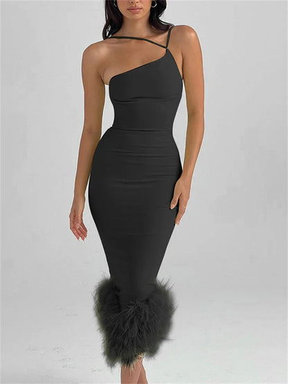 Feather Hem Sleeveless Party Club Asymmetrical Strap Midi Dress