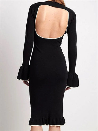 Patchwork Square Neck Long Flare Sleeve Ruffles Backless Midi Dress