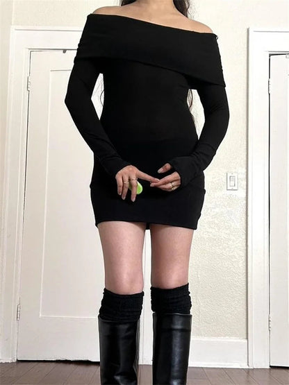 Slash Neck Black Party Mini Dresses