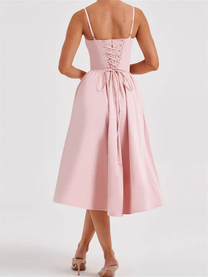 Color Sleeveless Strap Low Cut Backless Formal Midi Dress
