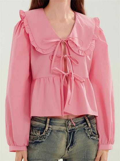 Ruffled Turn-down Neck Tie-up Blouse