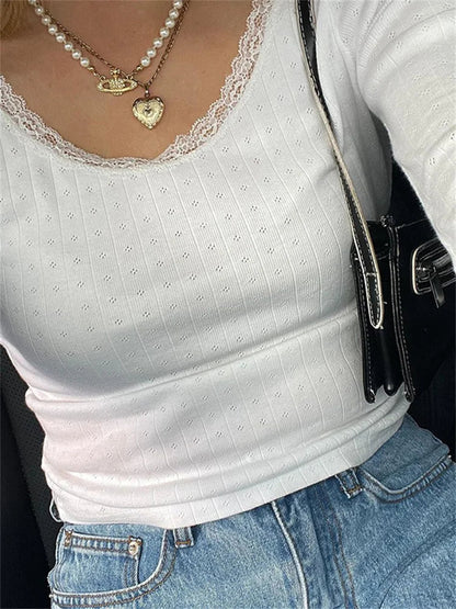 Fairycore Ribbed Knitted White T-shirts
