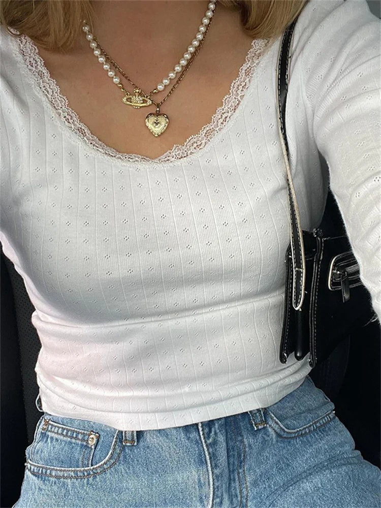 Fairycore Ribbed Knitted White T-shirts