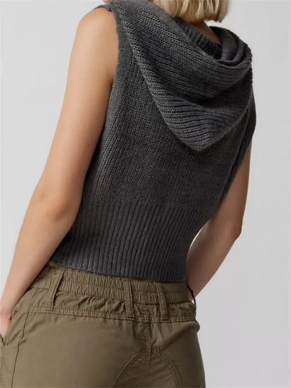 Knitted Hooded Sweater Vest Color Front Zip Up Drawstring Sleeveless Cropped Crop Top