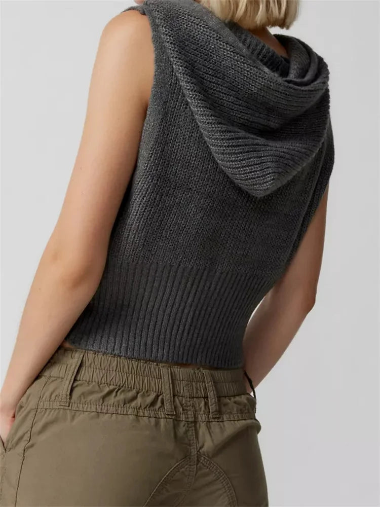 Knitted Hooded Sweater Vest Color Front Zip Up Drawstring Sleeveless Cropped Crop Top