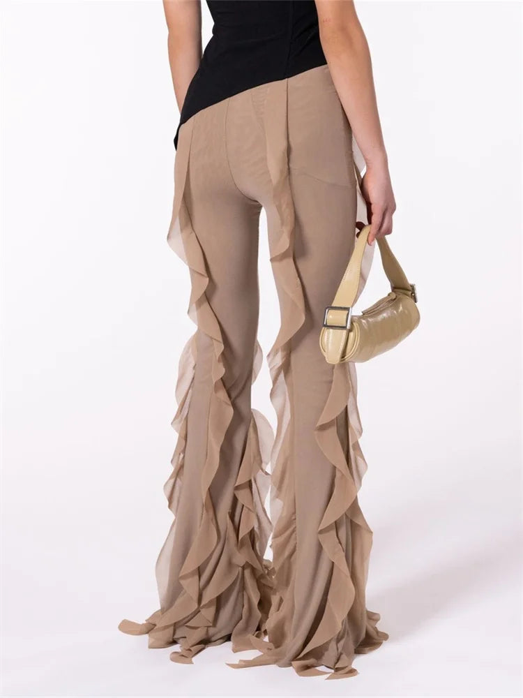 Color Ruffle Low Waist Stretch Bell Pant