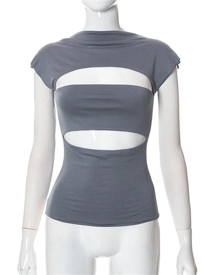 Hollow Out O Neck Slim Fit Basic Y2k T-shirts