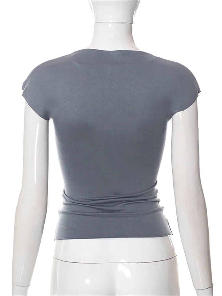 Hollow Out O Neck Slim Fit Basic Y2k T-shirts