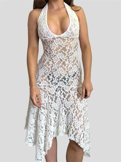 See-through Party Halter Backless Off Shoulder Irregular Hem Midi Dress