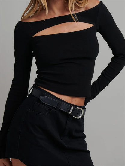 Long Sleeve Front Hollow Out Crop Spring Autumn Color Slim Fit T-shirts