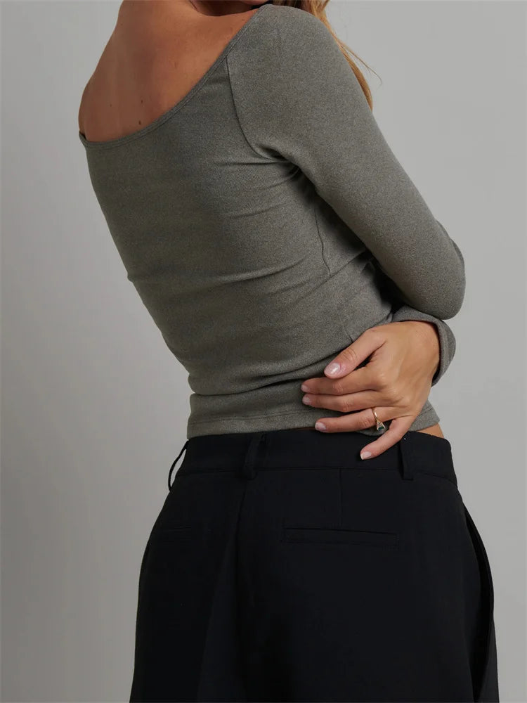 Long Sleeve Front Hollow Out Crop Spring Autumn Color Slim Fit T-shirts