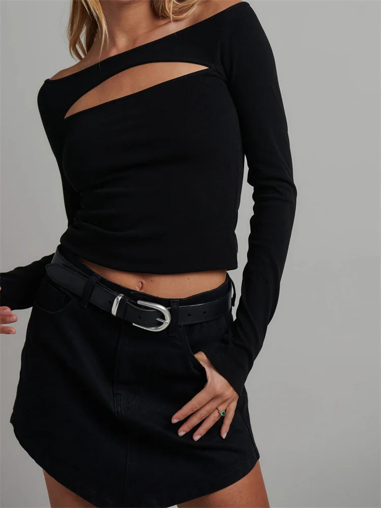 Long Sleeve Front Hollow Out Crop Spring Autumn Color Slim Fit T-shirts