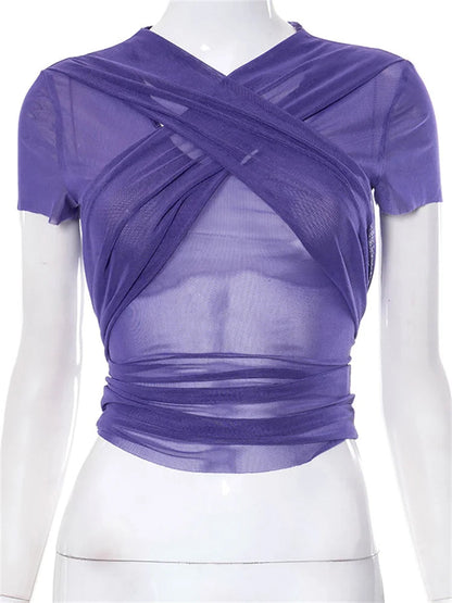 Mesh Sheer See Through Summer Y2k Criss-cross Lace-up T-shirts