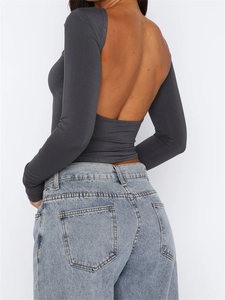 O Neck Cropped Spring Autumn Backless Basic T-shirts
