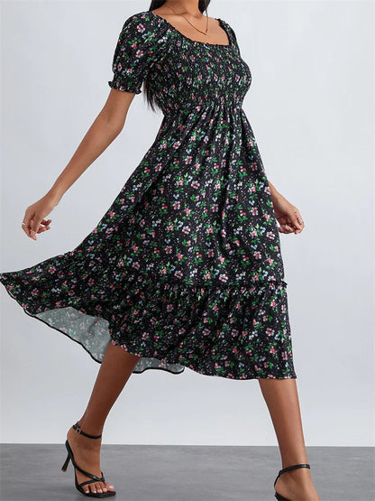 Retro Summer Print Square Neck Short Puff Sleeve Ruched Midi Dress