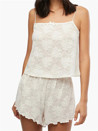 Lace 2 Pieces Summer Lounge Set Sleeveless Strap Lace Mesh Sheer Shorts Sleepwear Crop Top