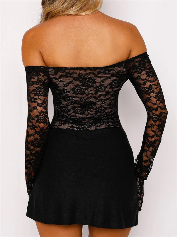 Lace Slash Neck Long Sleeve Off Shoulder Spring Fall T-shirts