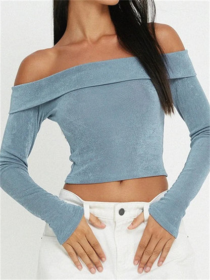 Long Sleeve Slim Fit Exposed Navel Slash Neck Off Shoulder T-shirts