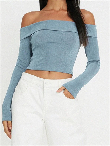 Long Sleeve Slim Fit Exposed Navel Slash Neck Off Shoulder T-shirts