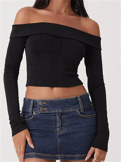 Long Sleeve Slim Fit Exposed Navel Slash Neck Off Shoulder T-shirts