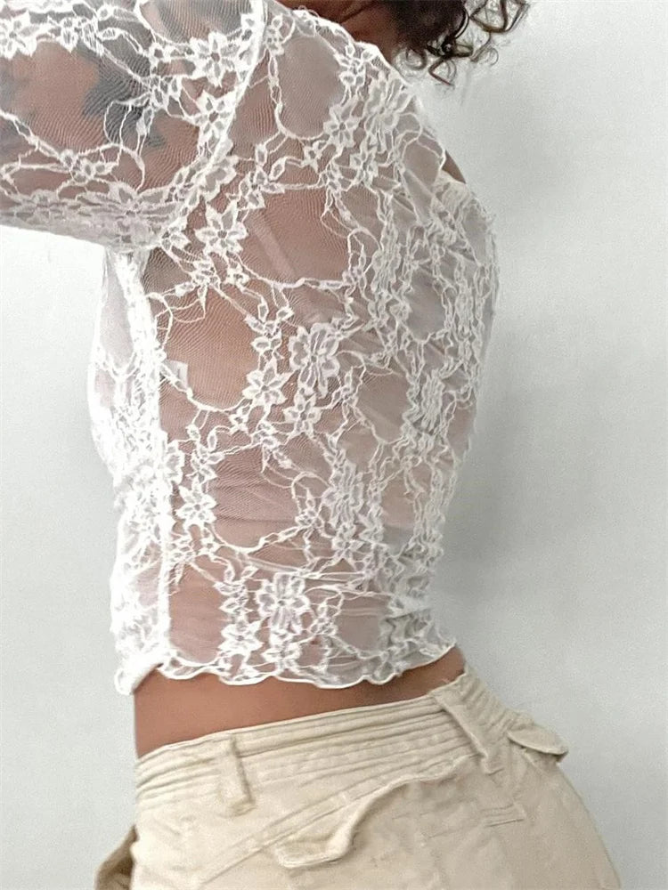 Slash Neck Off Shoulder Lace See-through Long Sleeve Pullover Club T-shirts