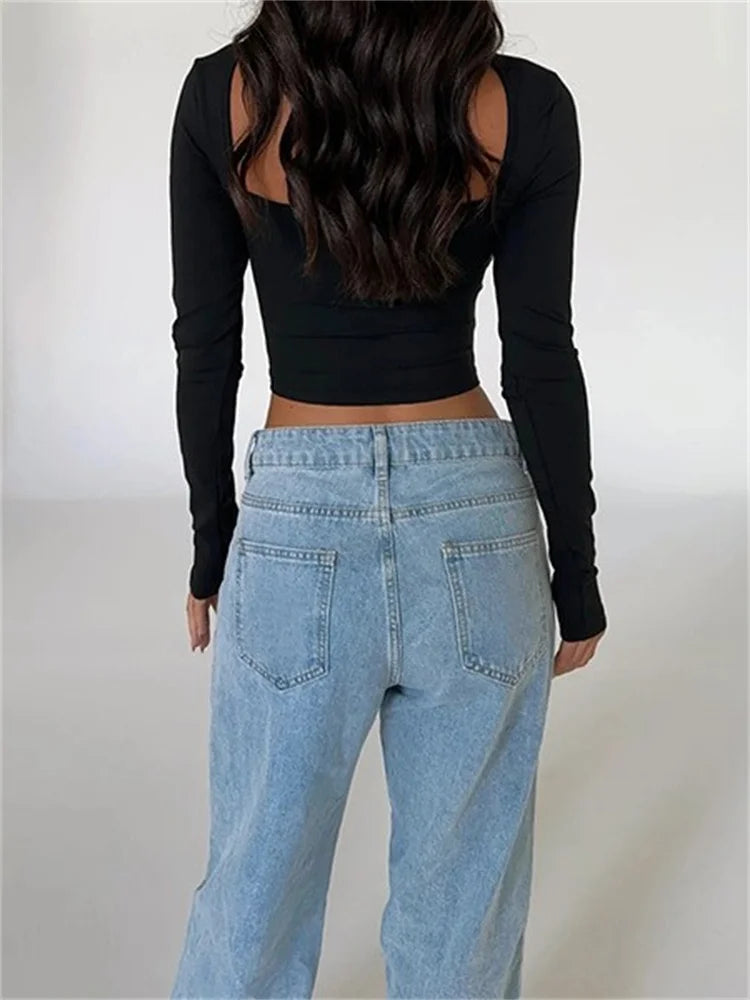 V-neck Low Cut Front Hollow Out Long Sleeve Slim Fit Irregular Hem T-shirts
