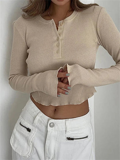 Ribbed Basic Long Sleeve Ruched Knitted Buttons Up T-shirts